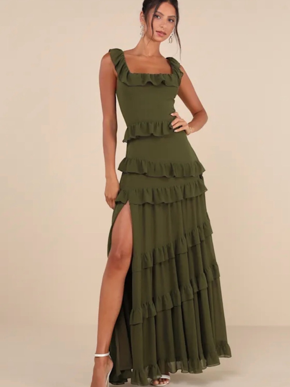 Lulu's Olive Ruffle Tiered Maxi with Side Slit